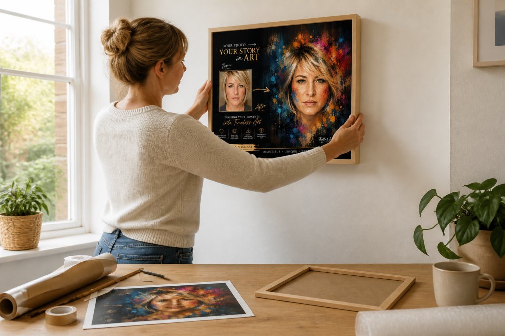 Hands carefully placing a freshly printed digital art piece into a simple wooden frame on a white wall, natural window light illuminating the finished framed artwork