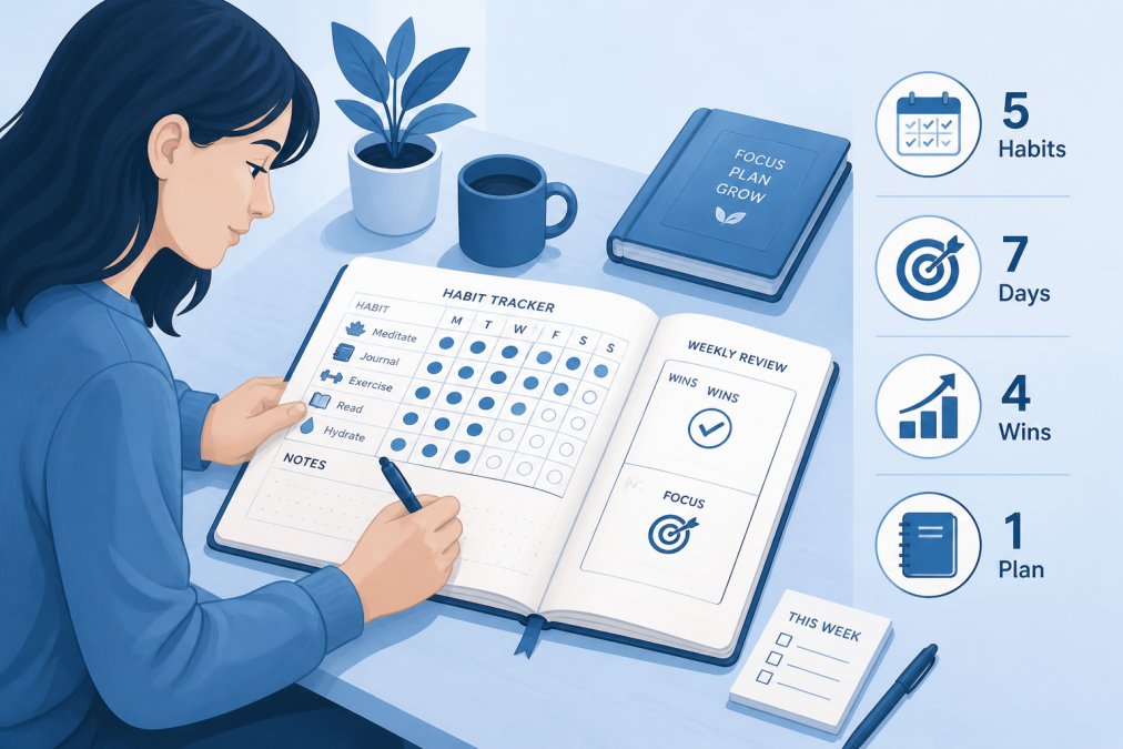 Someone writing in a physical workbook or journal at a desk with a pen, showing a structured habit tracking template on the page, with a calm, focused expression