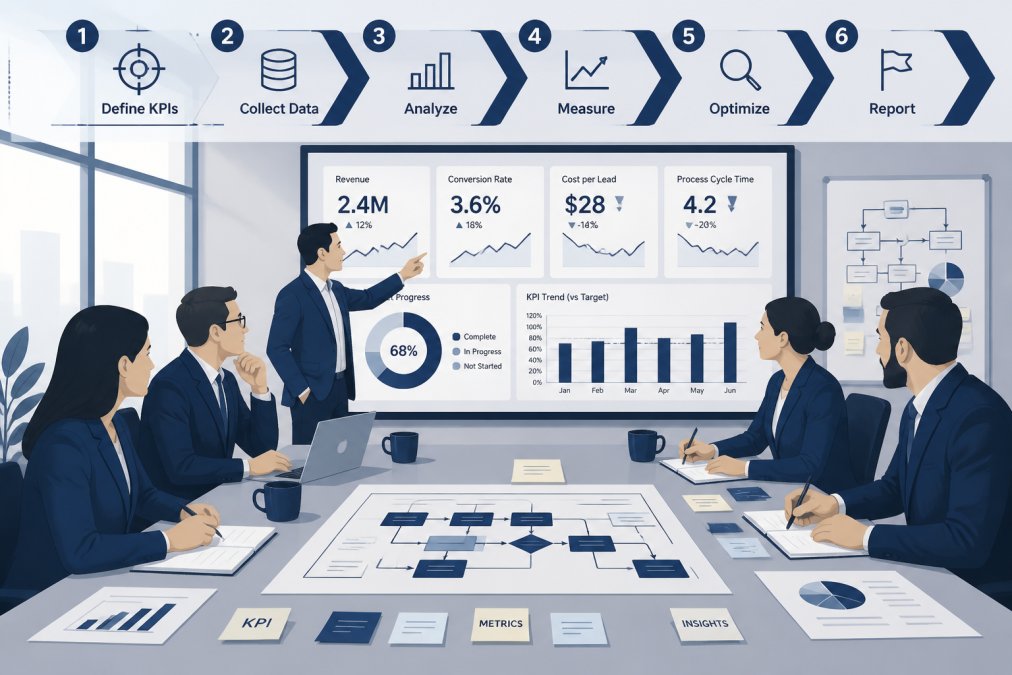 A mid-market leadership team in a bright boardroom reviewing KPI dashboards on a large screen, sticky notes and printed process maps on the table, one person pointing at a metric while others take notes