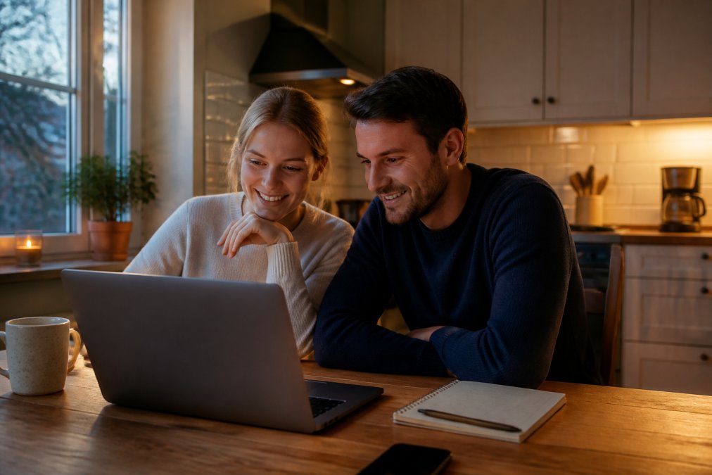 A bride and groom sitting at a kitchen table with a laptop, reviewing a wedding planning dashboard together, relaxed and smiling, warm evening light through the window
