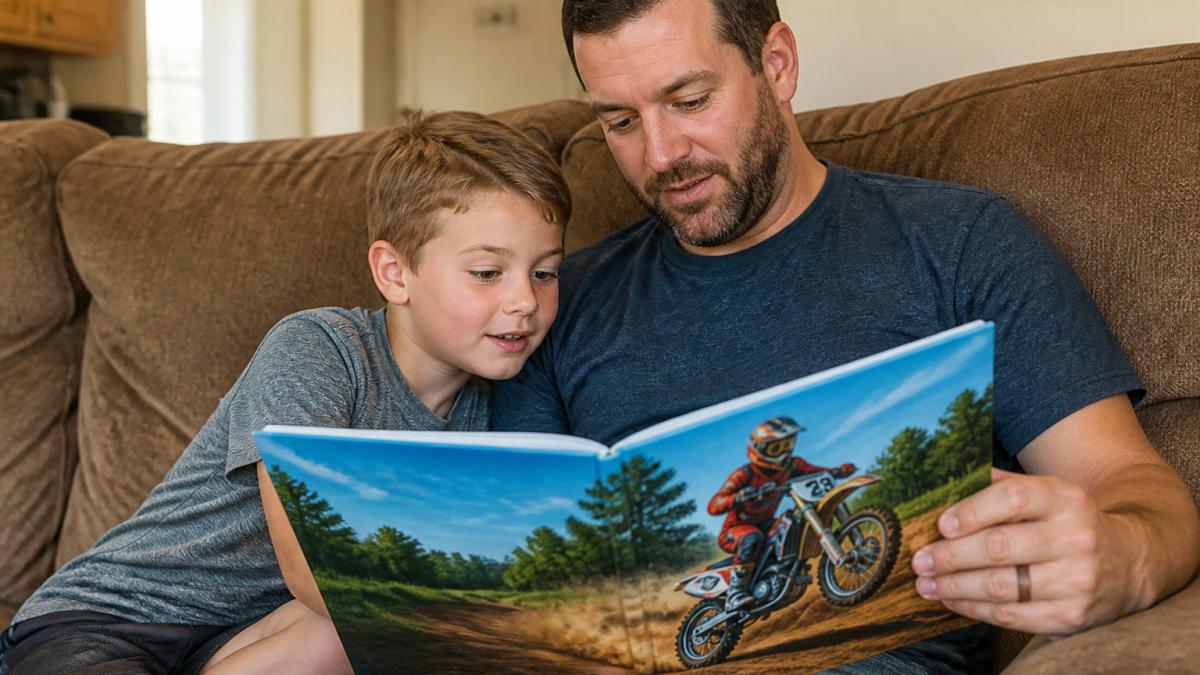 Parent and child sitting together on a couch reading a dirt bike storybook, child leaning in with interest, colorful book cover visible showing a young rider on a dirt bike
