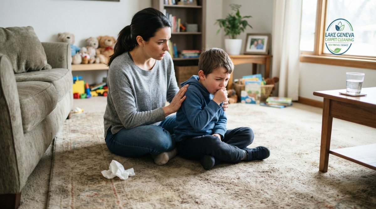 A parent sitting on a living room floor with a child who is coughing, next to a visibly soiled area rug, with tissues and a glass of water nearby in a bright home setting
