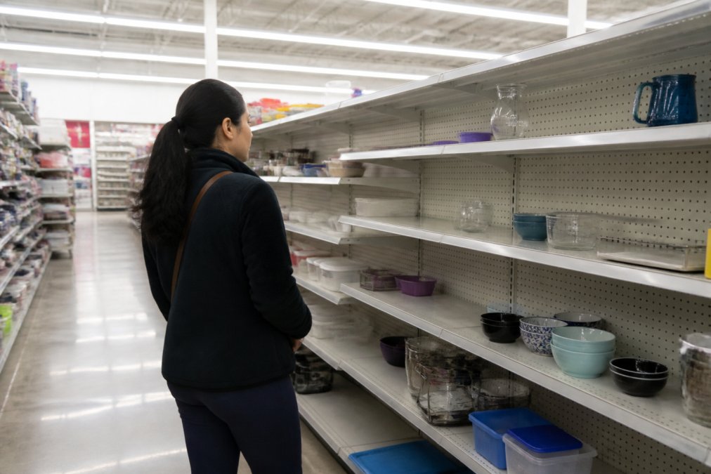 A shopper browsing a brightly lit discount store aisle with mixed merchandise, shelves partially empty and partially stocked with varied products, fluorescent overhead lighting