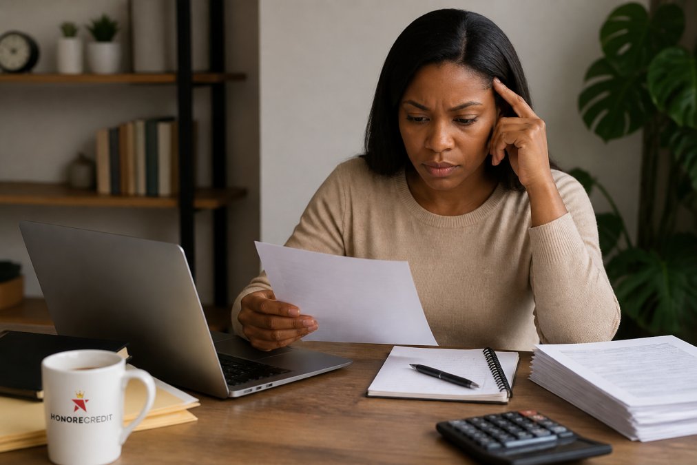 Person reviewing credit report documents at a desk with a laptop and notepad, looking focused and concerned