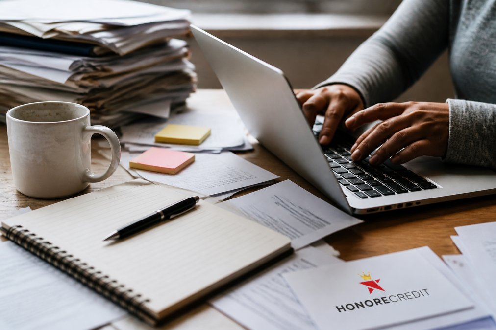 Close-up of hands typing a formal letter on a laptop keyboard with coffee cup and pen nearby
