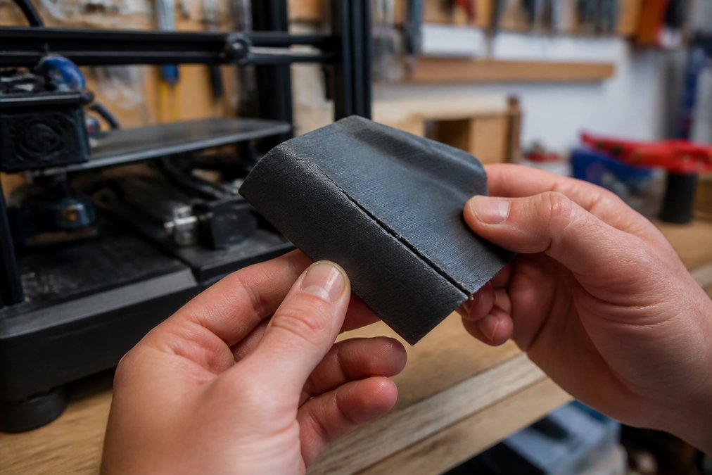 A close-up of a broken plastic part held in hands, showing where 3d prints break along the layer lines.