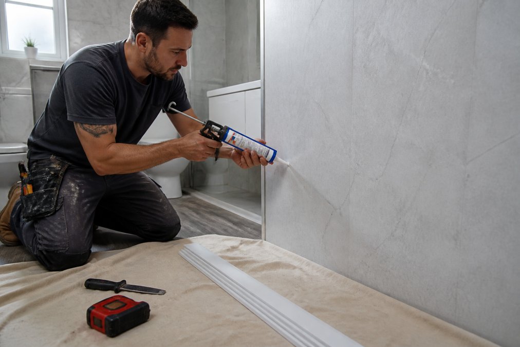 A person in casual work clothes carefully applying silicone sealant along the edge of a bathroom wall panel, with a caulking gun in hand and a clean, modern bathroom in the background