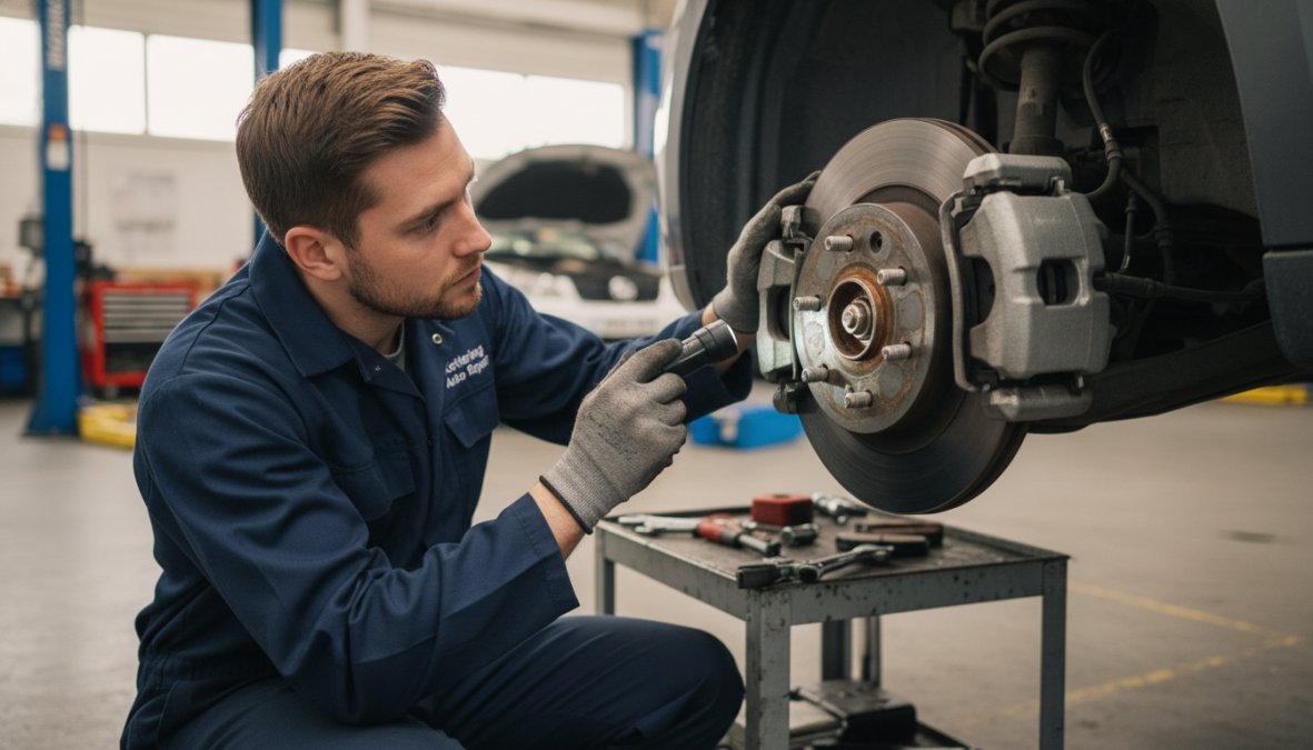 A mechanic in a dark blue professional garage uniform kneeling beside a vehicle with the front wheel removed, inspecting the brake caliper and rotor assembly in a well-lit automotive workshop with tools visible on a workbench in the background