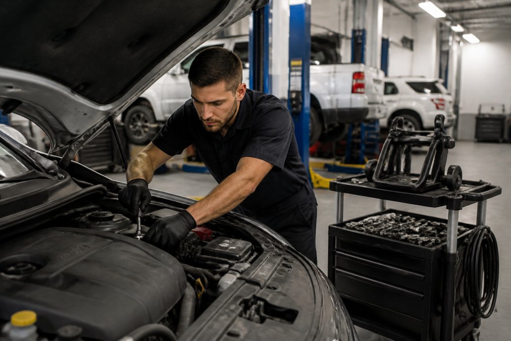 A certified automotive technician in a clean shop uniform working under the hood of a vehicle, focused and professional, with digital diagnostic equipment visible on a rolling cart nearby, under bright overhead shop lighting