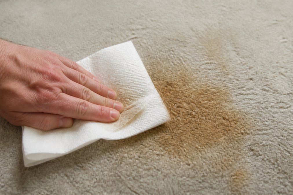 A close-up of a homeowner's hand pressing a white paper towel onto a carpet stain that is reappearing, showing the discoloration wicking up from the padding below