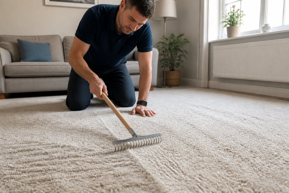 A person using a carpet rake to fluff up carpet pile in a bright living room, showing the texture difference between stiff flattened fibres and soft lifted ones under natural window light