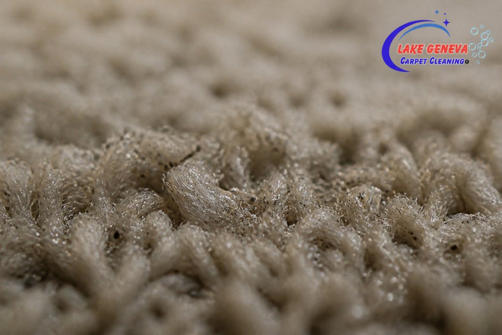 Close-up of carpet fibers showing sticky detergent film on the surface with dust particles adhering to the residue