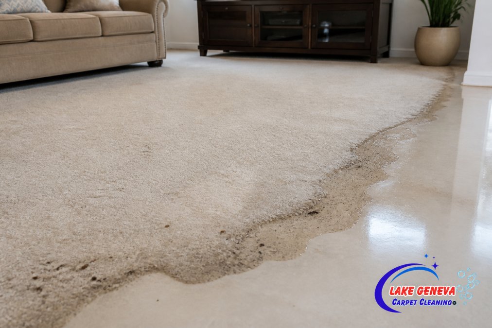Wide view of living room with carpet showing visible moisture line where water is wicking upward through carpet fibers, with soil particles visible along the wet edge
