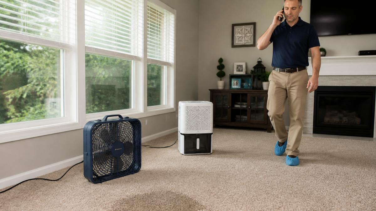 A box fan and a dehumidifier positioned in a carpeted living room, with window blinds open to let in daylight and a damp patch visible on the carpet