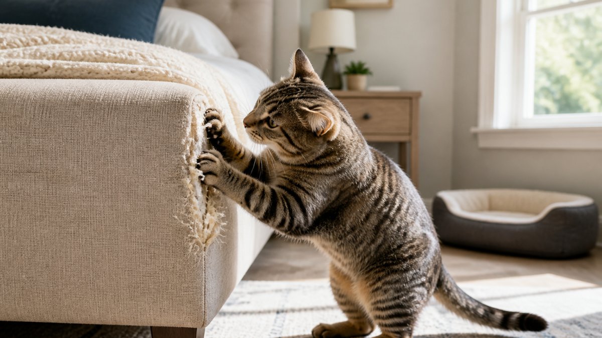 A cat scratching the corner of a plush upholstered bed with its claws extended, showing damaged fabric and the cat's focused posture in a bright bedroom