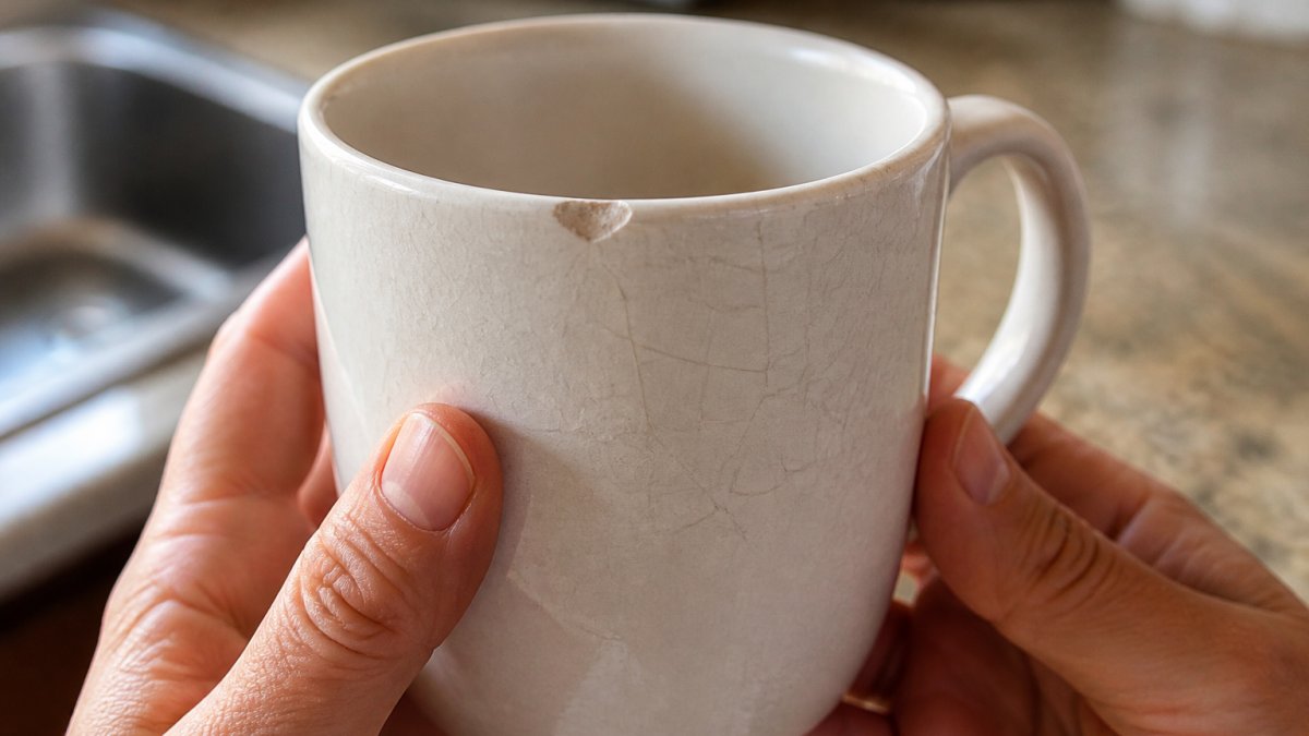 Close-up of hands holding a ceramic mug under bright kitchen light, showing a small chip on the rim and fine glaze cracks across the surface