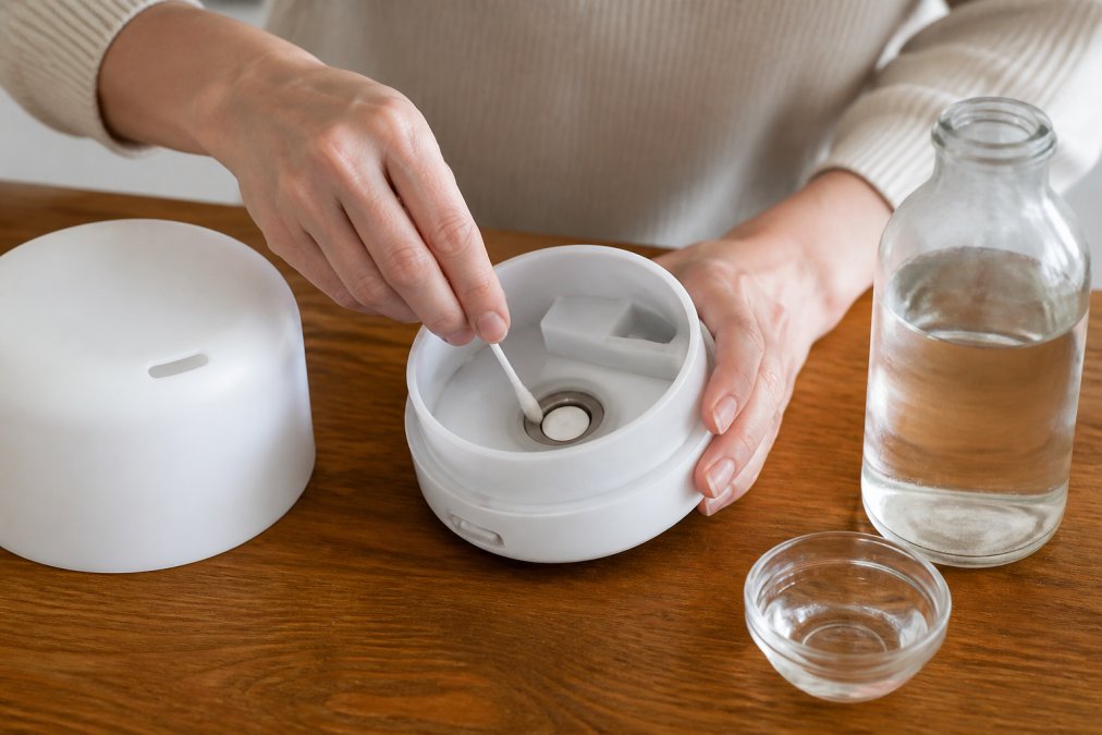 Close-up of hands using a cotton swab to clean the ultrasonic disc inside a small white diffuser on a wooden table, with a bottle of white vinegar nearby
