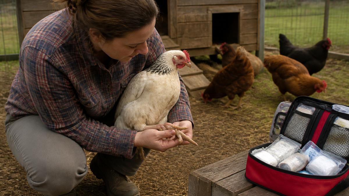 A person in casual outdoor clothing gently examining a chicken's legs in a backyard coop setting, with a first aid kit visible nearby on a wooden surface