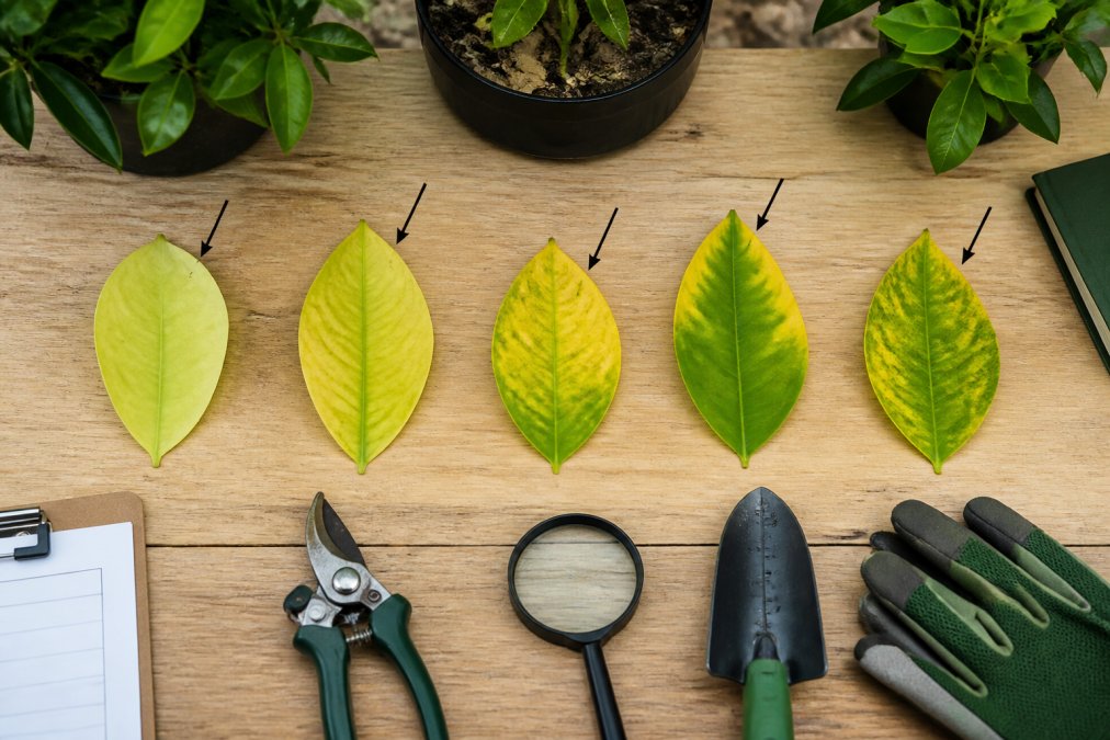 A side-by-side visual chart showing five common citrus leaf yellowing patterns (nitrogen, iron, zinc, magnesium, potassium) with arrows pointing to each distinct symptom