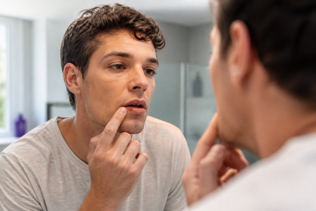 Close-up of an adult examining a small cold sore on their lower lip in a bathroom mirror, soft natural light, calm and relatable expression
