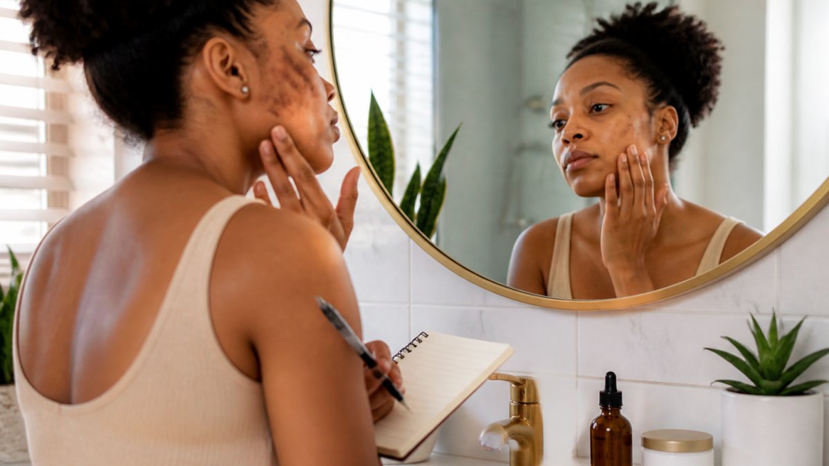 Woman with melanin-rich skin checking progress on facial dark spots in a mirror while holding a notebook