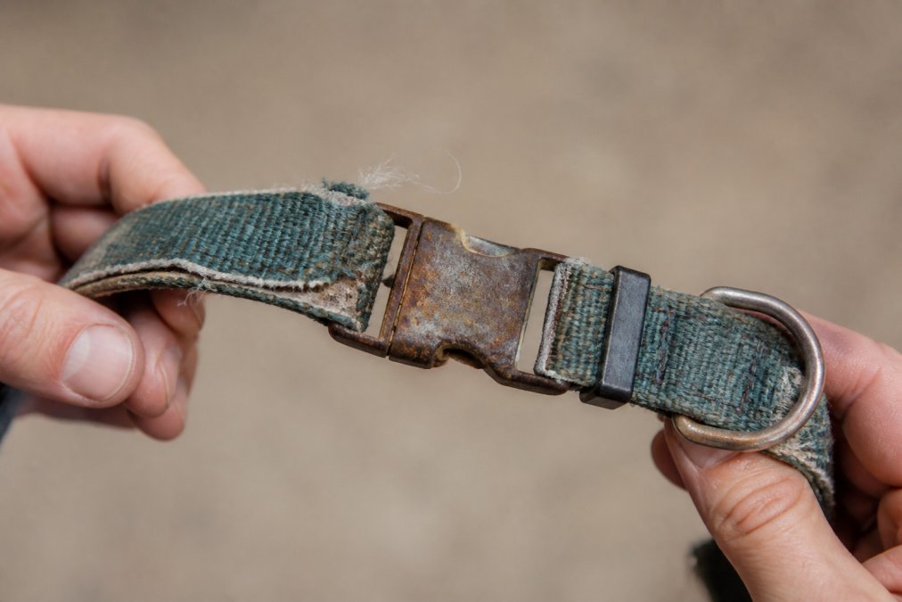 Close-up photo of a worn dog collar with frayed nylon edges, a rusted metal buckle, and stretched stitching, held in a person's hands against a neutral background
