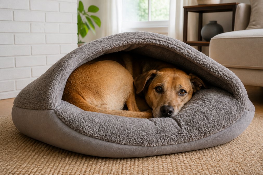 Medium-sized dog curled up sleeping inside a plush hooded cave bed in a cozy living room