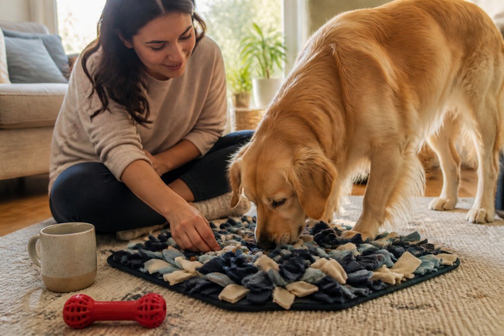 Owner guiding a golden retriever’s nose toward kibble hidden inside a soft fleece snuffle mat on a rug