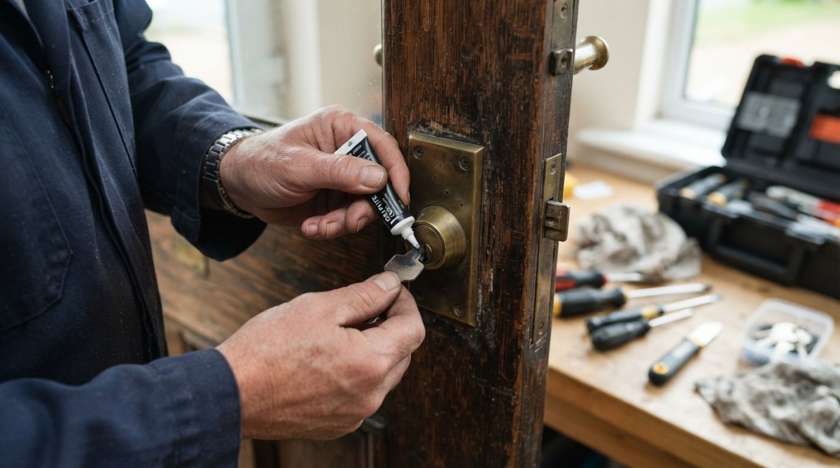 Close-up of a person's hands applying graphite powder from a small tube into a door lock cylinder with a key inserted, on a wooden front door