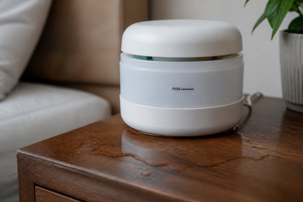 Close-up of an ultrasonic essential oil diffuser on a wooden nightstand with a small puddle of water around its base, showing a visible max fill line and slightly misaligned lid