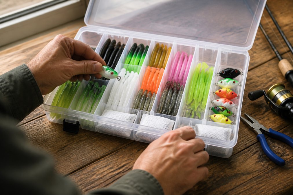 Angler's hands organizing soft plastic lures in a clear compartmented tackle box with moisture-control packets visible, organized by colour and size on a wooden workbench with natural window lighting
