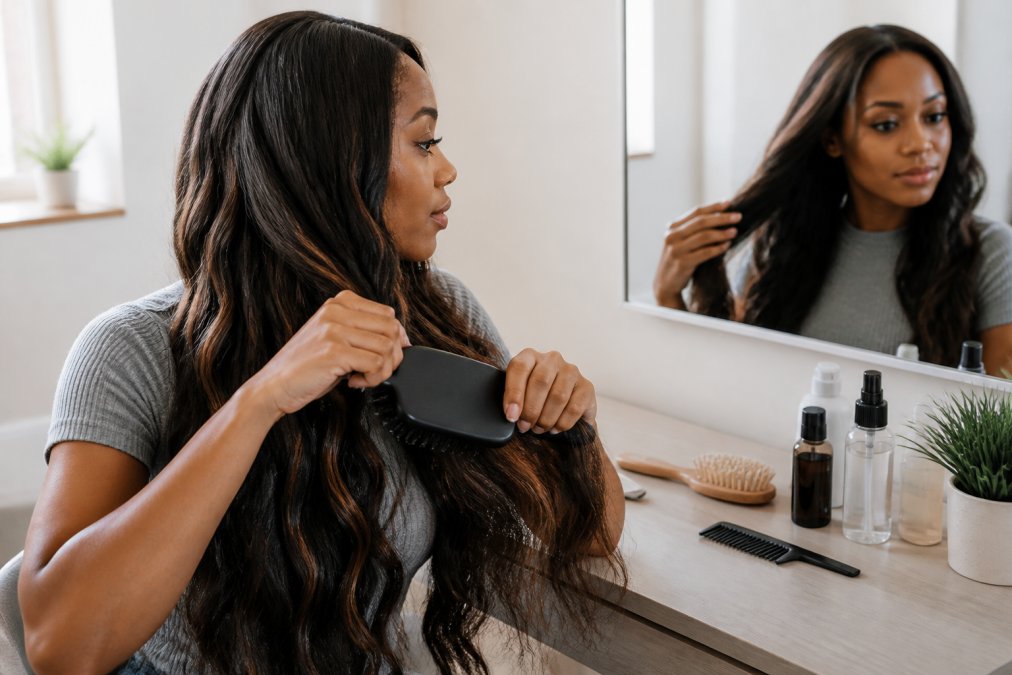 A woman with long hair extensions gently brushing through her hair with a soft bristle brush, seated at a well-lit vanity table with hair care products nearby
