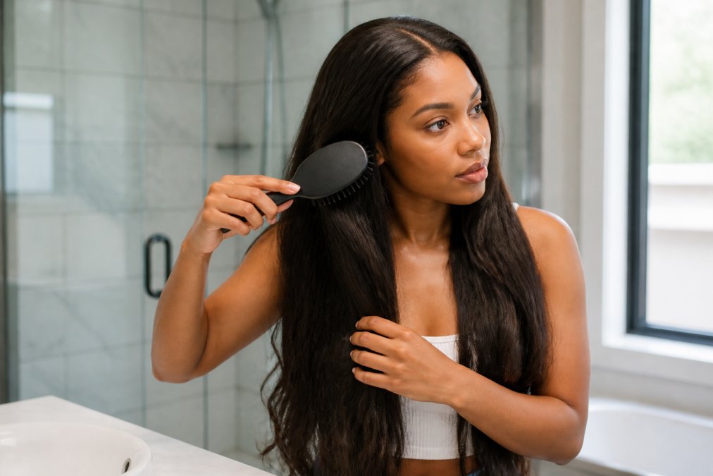 A woman with long, thick hair extensions gently brushing her hair with a soft bristle brush in a bright bathroom, showing careful technique near the roots