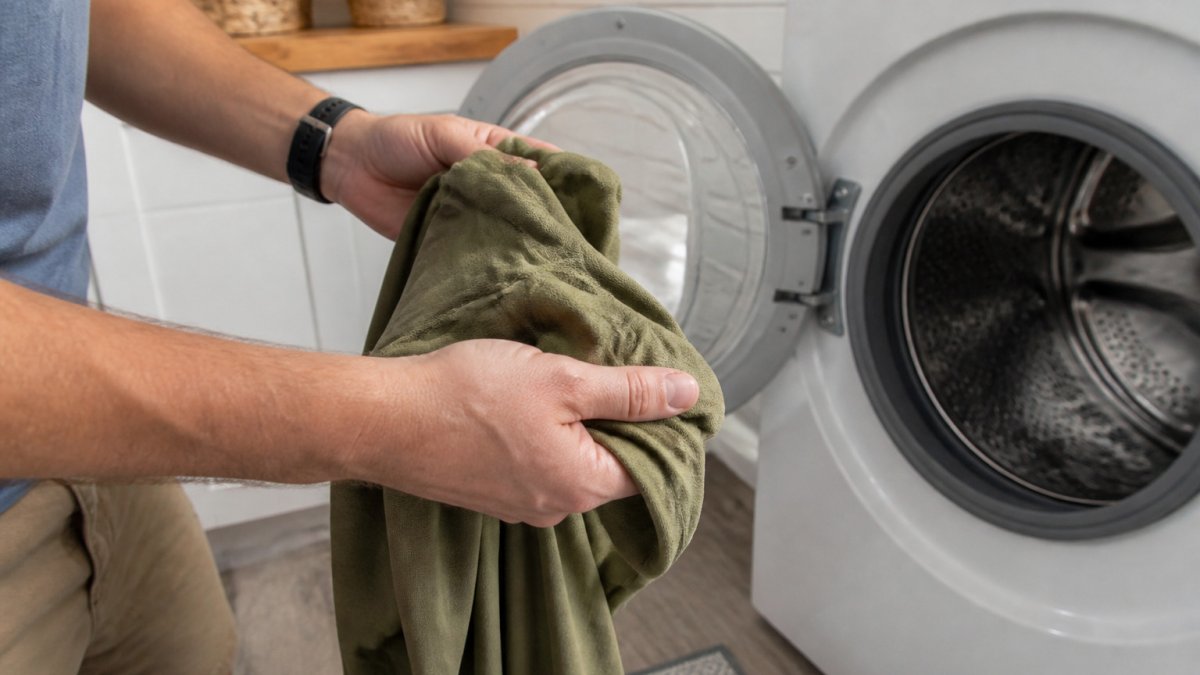 Hands turning a green printed shirt inside out before laundry wash