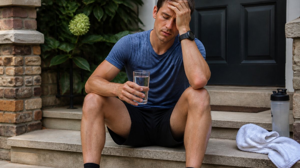 Runner sitting on a doorstep drinking water whilst holding their forehead in pain