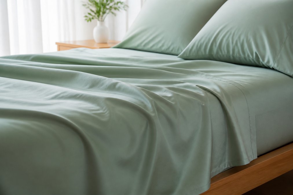 Close-up of soft bamboo viscose sheets on a bed with natural morning light, showing the smooth sateen weave texture and breathable fabric draping