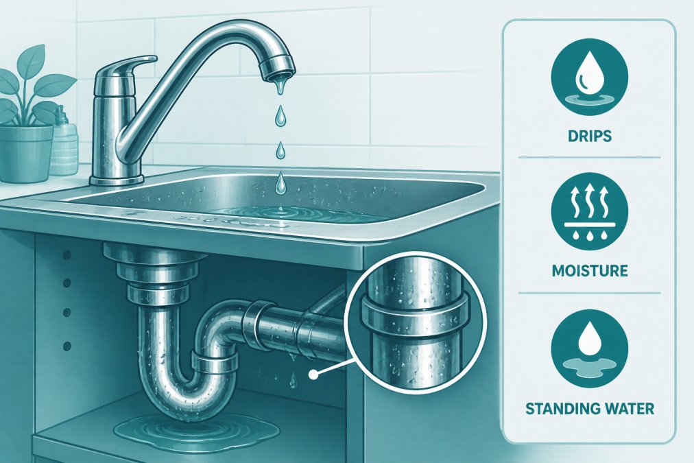 Close-up of a leaky kitchen faucet with water droplets falling into a sink, showing water accumulation and moisture on chrome pipes under warm indoor lighting