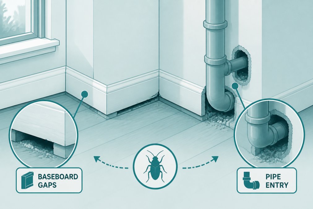 Interior view of an apartment wall corner showing visible gaps around baseboards and where plumbing pipes penetrate through the wall, with dust and debris visible in the gaps under natural window lighting