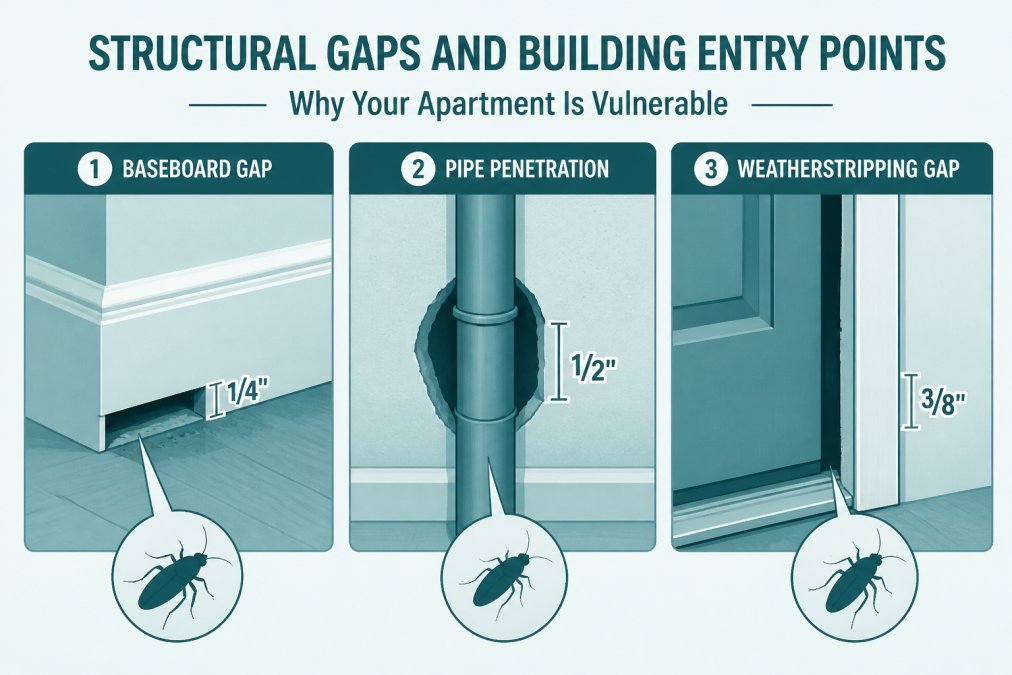 Close-up of common apartment entry points showing gaps around baseboards, pipe penetrations through walls, and deteriorated weatherstripping around a door frame in an older building
