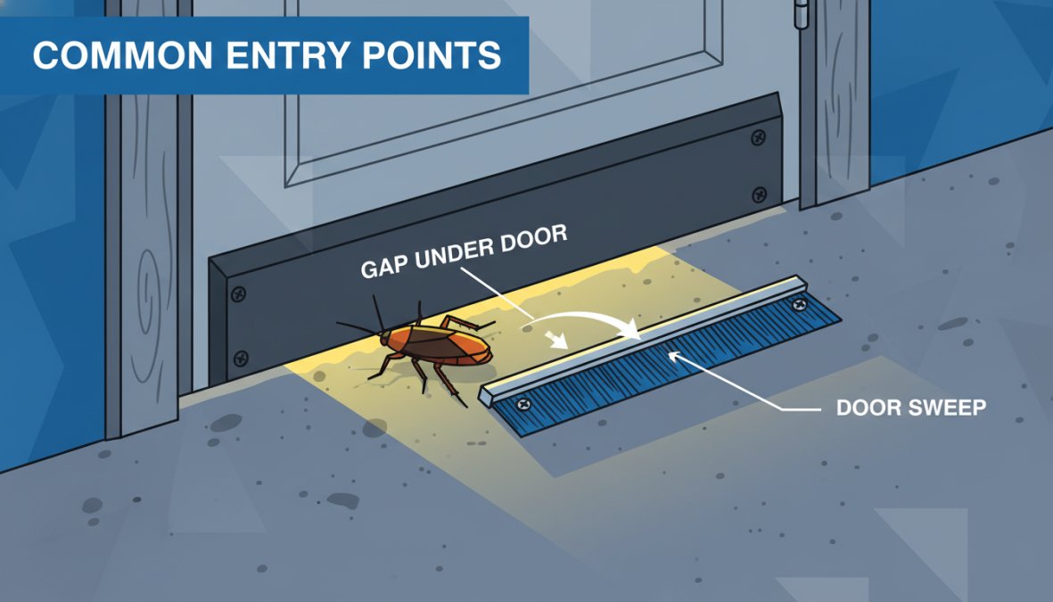 Close-up photograph of a gap beneath a worn exterior door threshold with daylight visible through the crack, a partially installed rubber door sweep lying on a concrete floor beside it, under bright natural light