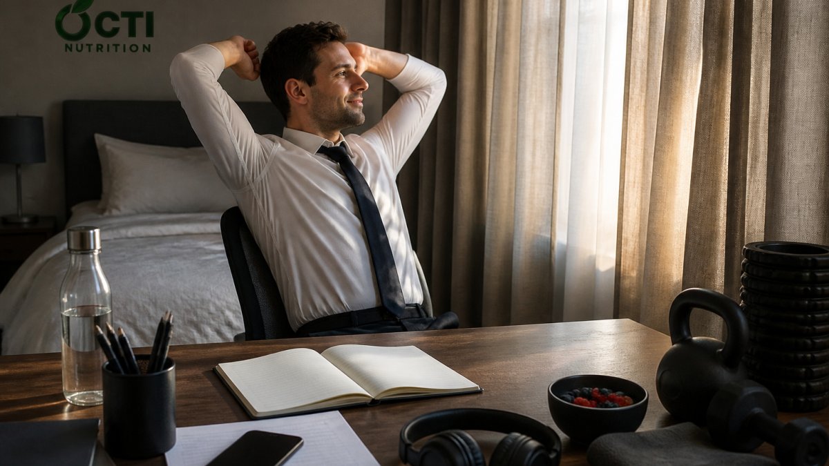 Professional in business attire waking up refreshed in a dimly lit bedroom with morning light filtering softly through closed curtains, appearing calm and alert