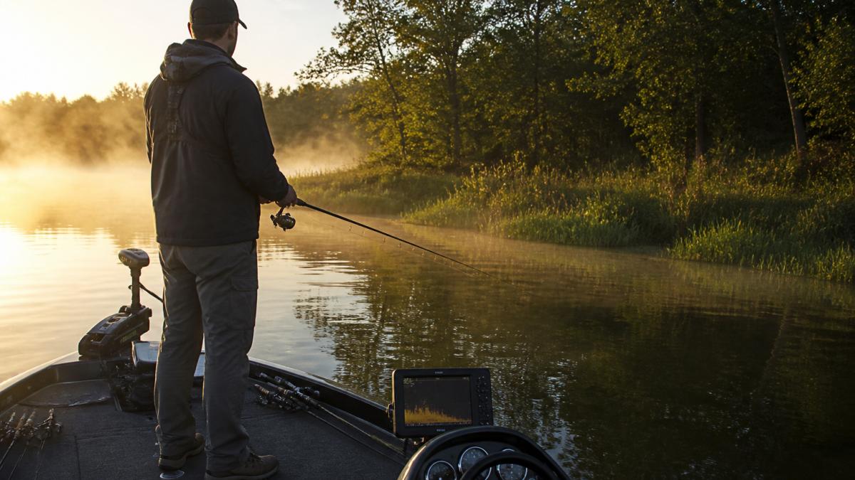 An angler standing on the front deck of a bass boat at sunrise, studying a sonar screen while scanning a weedy point, with mist rising off the water and a baitcaster rod in hand