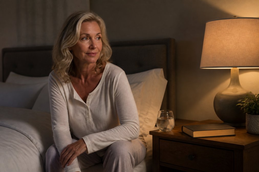 A woman in her early fifties sitting calmly on the edge of her bed in a dimly lit bedroom at night, soft lamp light, looking relaxed and unhurried, wearing comfortable sleepwear, a glass of water and a book on the bedside table