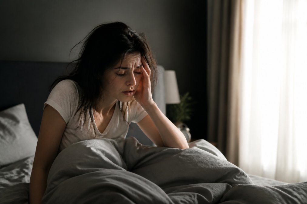 Exhausted woman sitting up in bed at dawn struggling to wake up tired