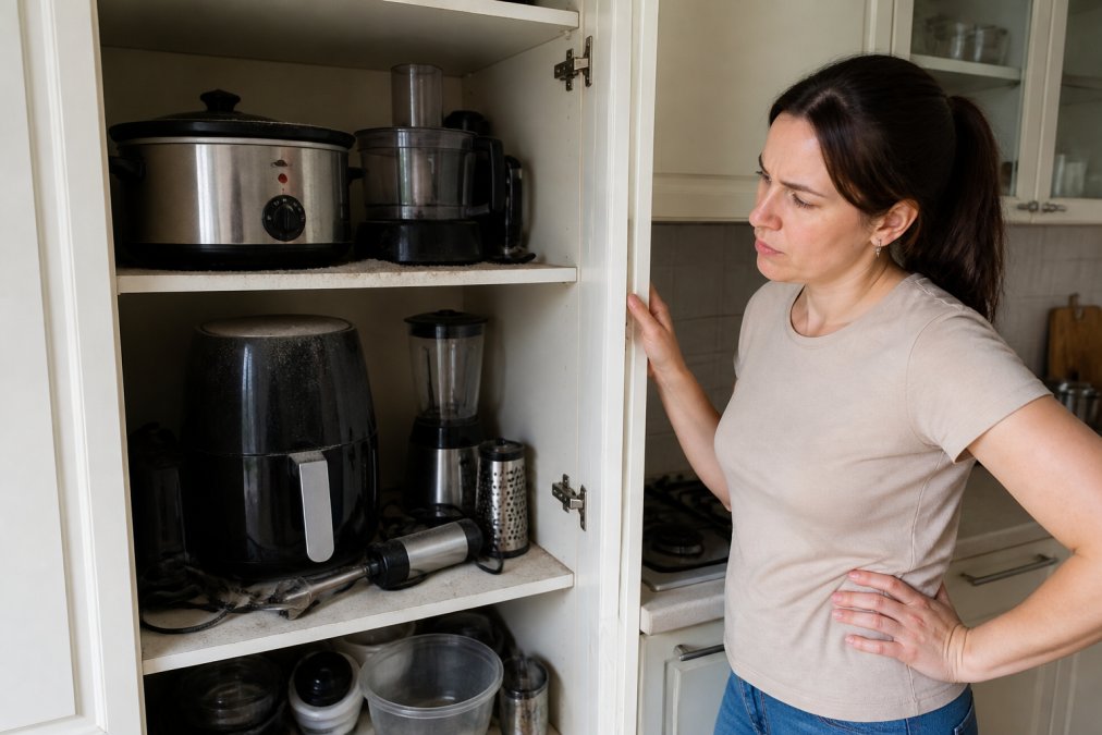 A cluttered UK kitchen cupboard with a slow cooker, food processor and air fryer stacked haphazardly, dust visible on the top shelves, while a woman in her thirties stands with her hand on her hip looking frustrated
