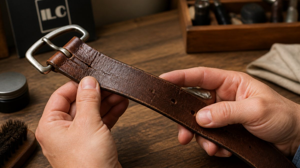 Diagram illustrating how stress and tension cause cracks near the buckle and holes of a worn leather belt