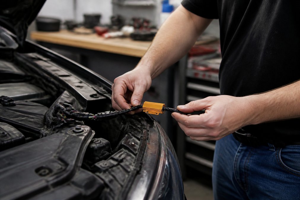 Close-up of a mechanic's hands installing a load resistor onto a vehicle's wiring harness, with automotive tools and a workshop setting in the background