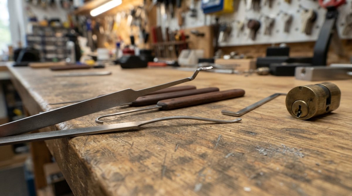 Close-up of damaged metal lock picks with bends and curves resting on a workbench beside a brass lock cylinder.