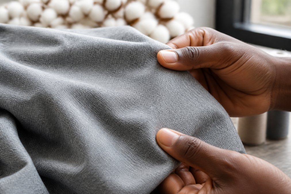 Close-up of hands examining fine weave organic cotton fabric texture, showing detailed thread construction and density on a light table with natural window lighting