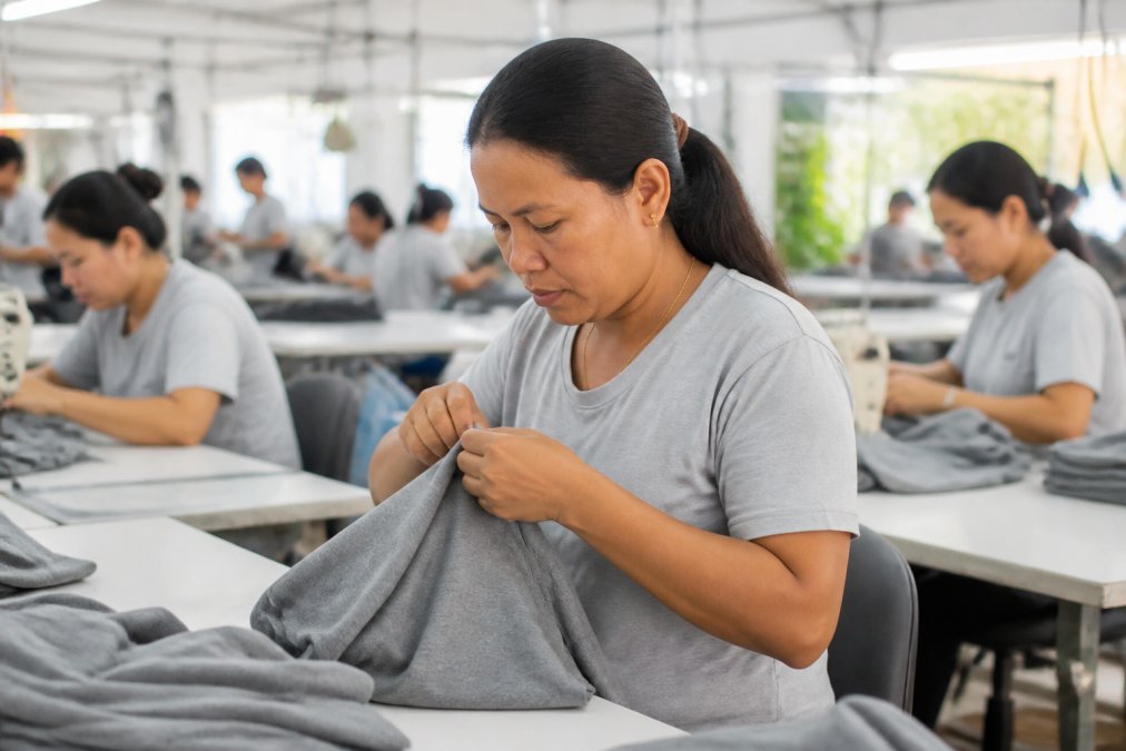 Skilled garment workers in a bright, modern manufacturing facility with natural overhead lighting, carefully hand-finishing seams and details on premium clothing pieces at individual workstations